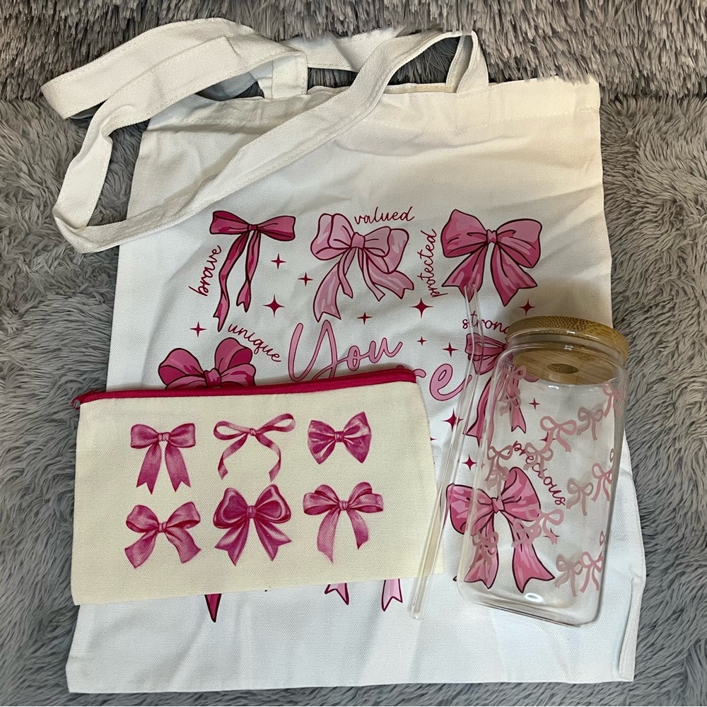 Pink Bow Tote Bag with tumbler Gift Set